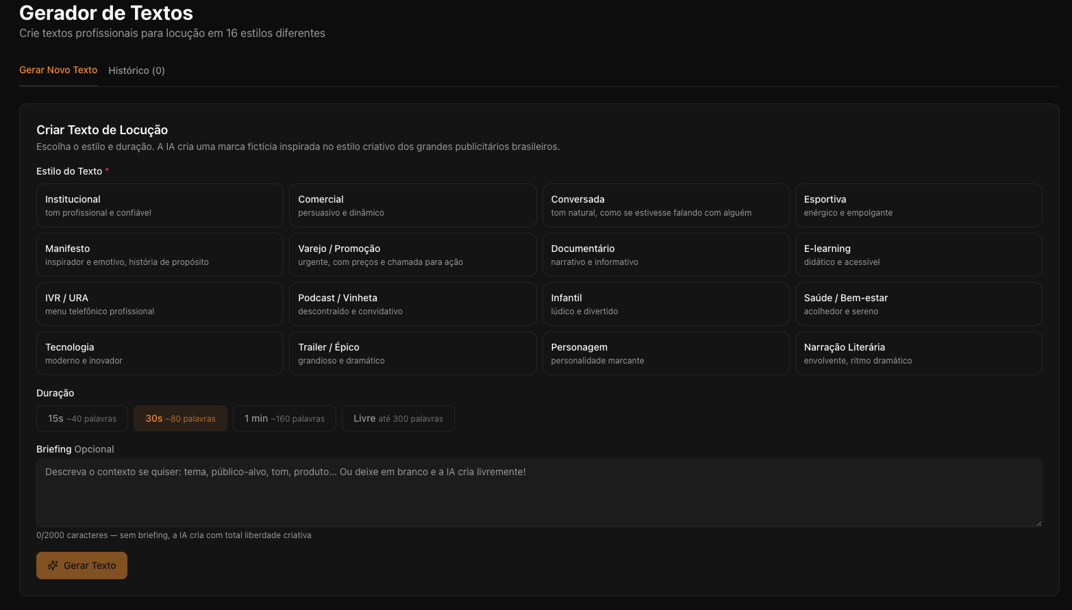 Gerador de Textos - 16 estilos de locução